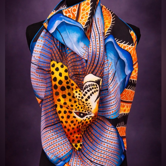 Hermès Silk Baobab Cat Scarf 90 Black Jaune Bleu Authentic - Picture 2 of 4